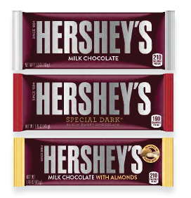 HERSHEY’S Milk Chocolate Bar, HERSHEY'S SPECIAL DARK Mildly Sweet Chocolate Bar, and HERSHEY'S Milk Chocolate with Almonds Bar